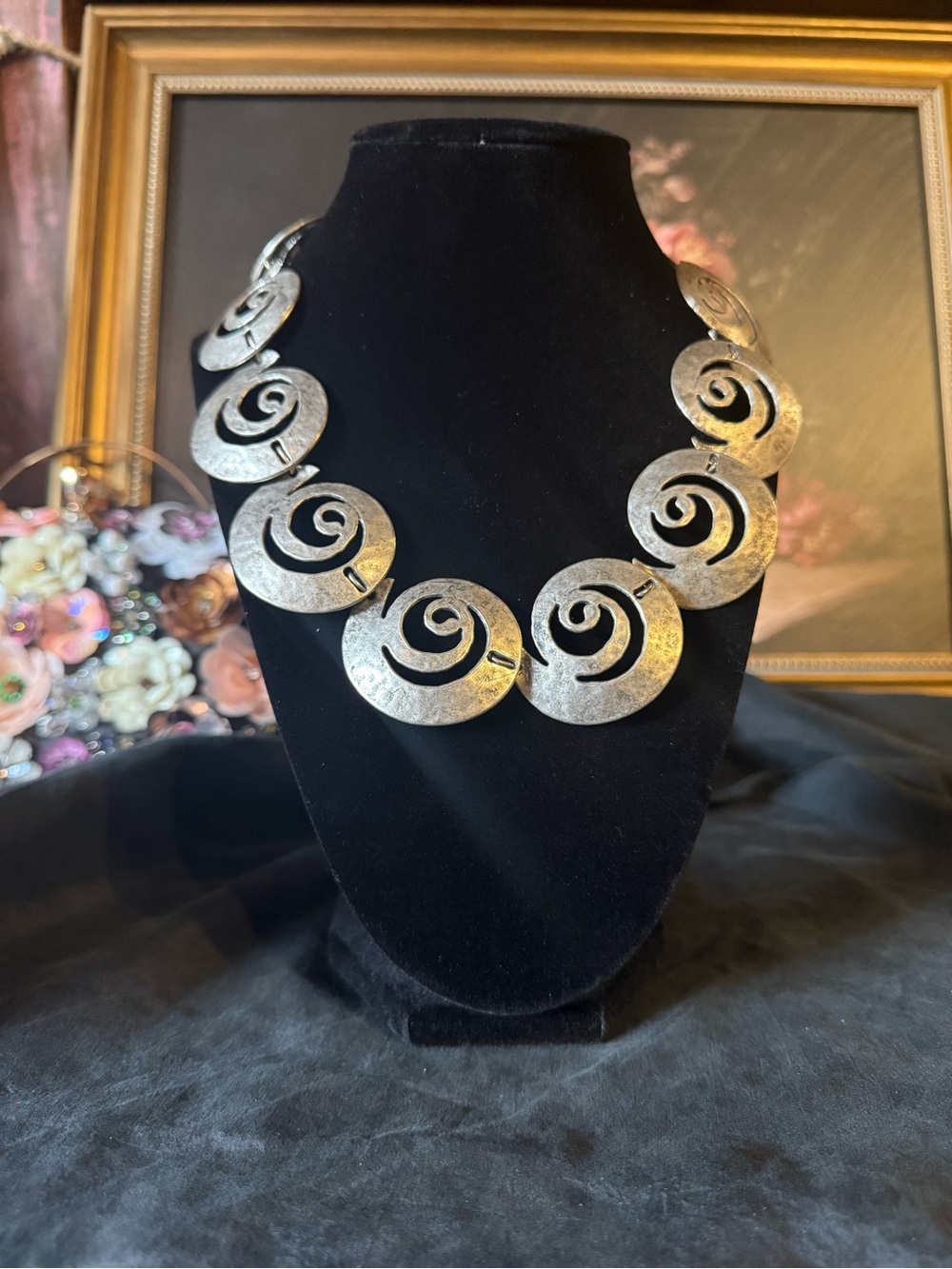Vintage Silver Toned Metalwork Statement Necklace